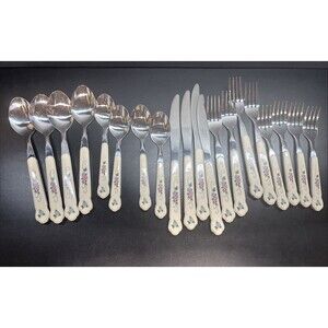 20 Pieces Pfaltzgraff TEA ROSE Stainless Plastic Handle Flatware EUC
